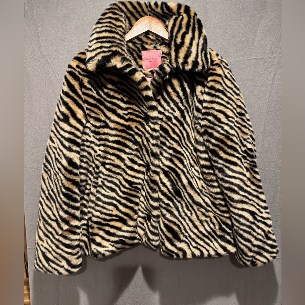 Kate Spade Zebra Striped Faux Fur Teddy Jacket - Picture 2 of 13